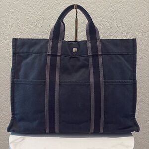 Hermes Navy and Gray Canvas Tote Bag